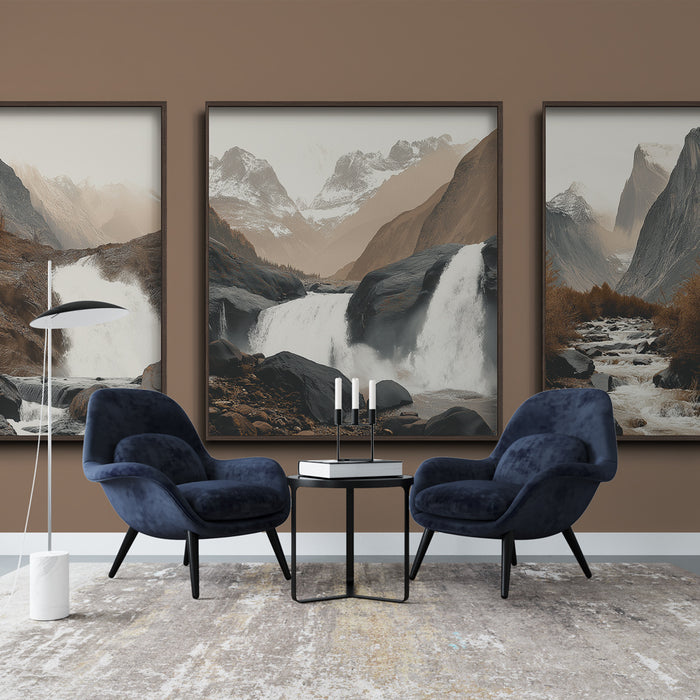Papier peint tableau imitation paysage montagneux | Chutes d'eau majestueuses et montagnes sereines