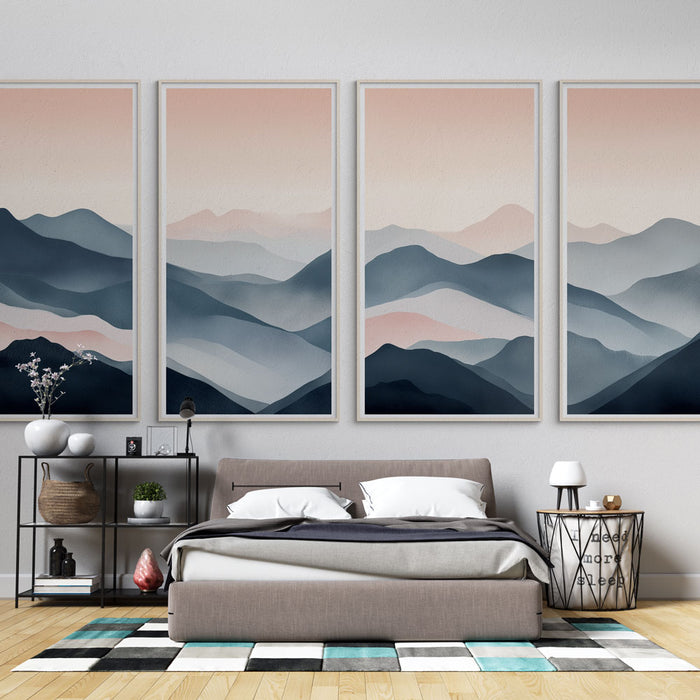 Une chambre moderne avec un papier peint représentant des montagnes aux teintes douces de bleu et rose, créant une ambiance apaisante et sereine.