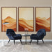 Un salon contemporain avec un papier peint aux dégradés de couleurs terreuses évoquant des paysages montagneux, créant une atmosphère chaleureuse et apaisante.