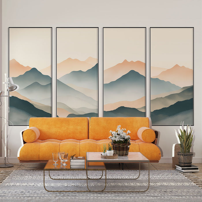 Papier peint tableau imitation paysage montagneux | Dégradés doux et harmonieux de bleu et d'orange