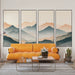 Un salon moderne avec un papier peint représentant des montagnes en dégradés de bleu et de rose, créant une ambiance apaisante et contemplative.