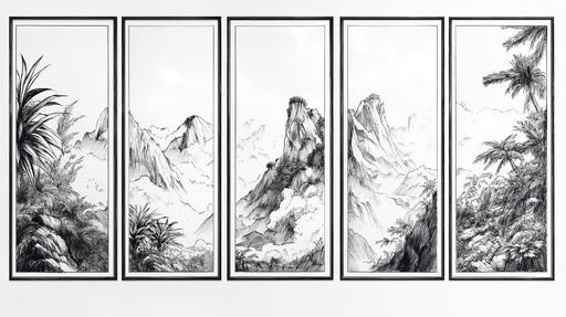 Papier peint tableau imitation paysage montagneux Dessin monochrome détaillé avec montagnes et végétation luxuriante