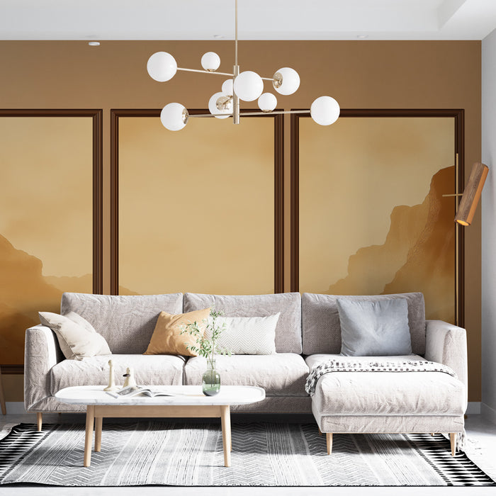 Un salon contemporain avec un papier peint aux dégradés de beige et marron évoquant des paysages doux, créant une atmosphère chaleureuse et apaisante.