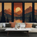 Un salon moderne avec un papier peint représentant des montagnes aux teintes orangées et un soleil couchant, créant une atmosphère chaleureuse et apaisante.
