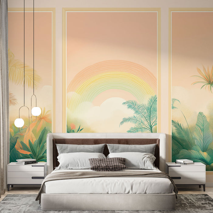Papier peint tableau imitation | Paysage tropical avec arc-en-ciel et feuillage luxuriant