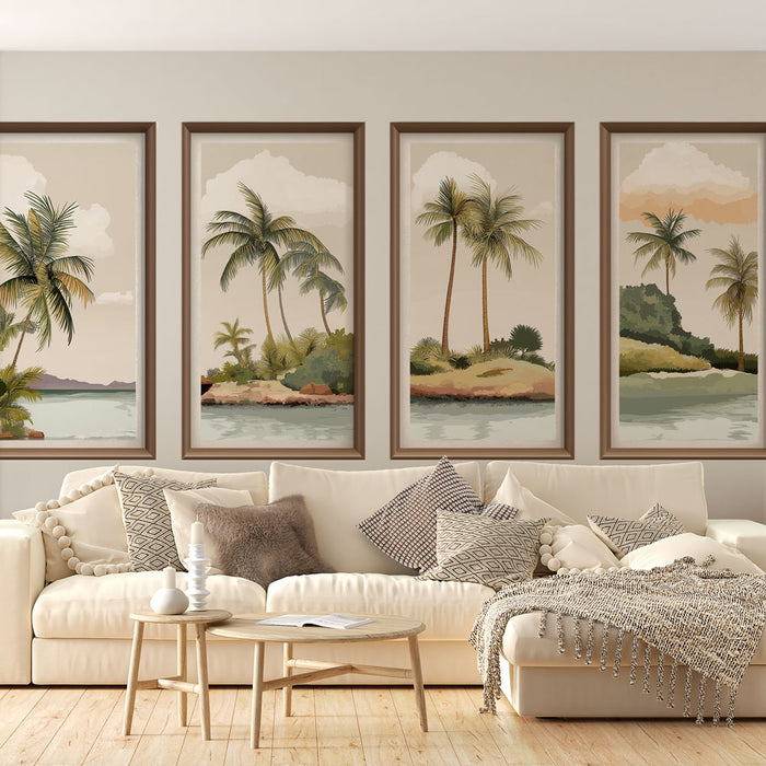 Un salon élégant avec un papier peint mural représentant des paysages tropicaux, des palmiers et des îles sur un fond doux, créant une atmosphère apaisante et naturelle.
