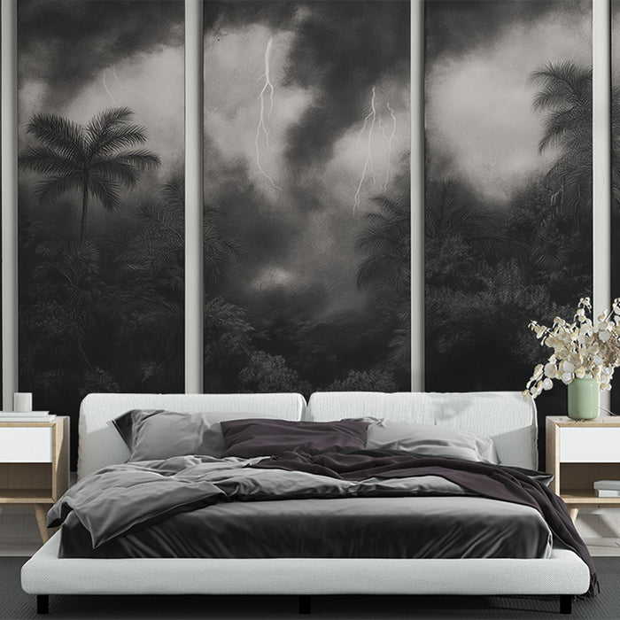 Une chambre moderne avec un papier peint représentant une scène tropicale en noir et blanc, créant une atmosphère dramatique et mystérieuse.