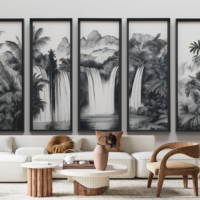 Papier peint tableau imitation | Paysage tropical en noir et blanc