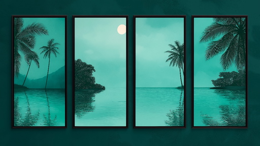 Papier peint tableau imitation paysage tropical Serene palmiers au bord d'une eau calme