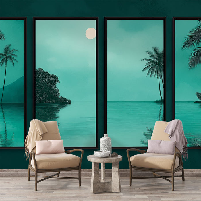 Un salon contemporain avec un papier peint représentant un paysage aquatique en teintes turquoise, évoquant une atmosphère sereine et apaisante.