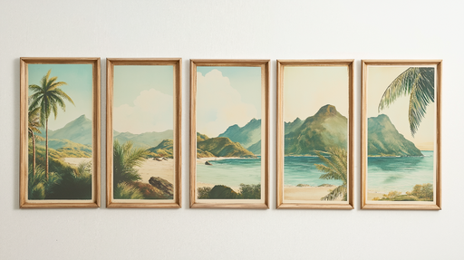 Papier peint tableau imitation paysage tropical Série d'œuvres représentant des plages et des montagnes ensoleillées