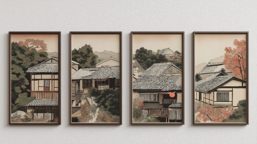 Papier peint tableau imitation Paysage urbain japonisant avec maisons traditionnelles