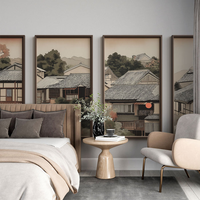 Une chambre élégante avec un papier peint représentant des maisons traditionnelles japonaises en teintes douces, créant une atmosphère apaisante et zen.