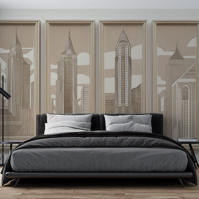Une chambre moderne avec un papier peint représentant des silhouettes de gratte-ciels en nuances de beige et marron, créant une ambiance urbaine et élégante.