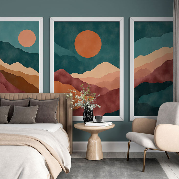 Une chambre moderne avec un papier peint aux motifs abstraits représentant des paysages montagneux aux teintes chaudes et apaisantes, créant une atmosphère relaxante.