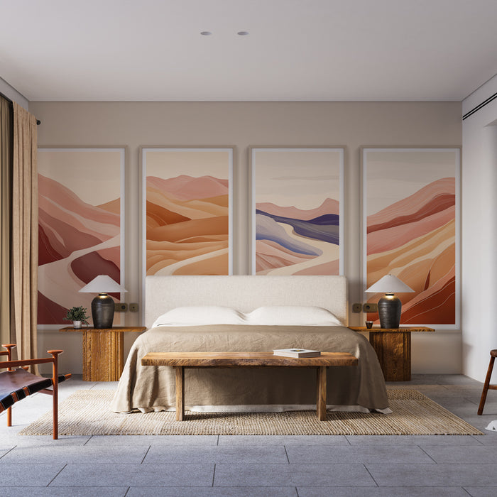 Une chambre apaisante avec un papier peint abstrait aux nuances de terracotta et de violet, évoquant des paysages ondulés et chaleureux.