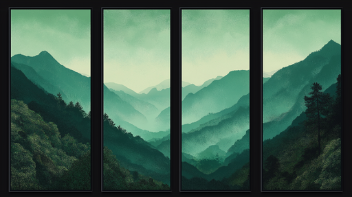 Papier peint tableau imitation paysages de montagne Montagnes brumeuses aux nuances de vert apaisantes