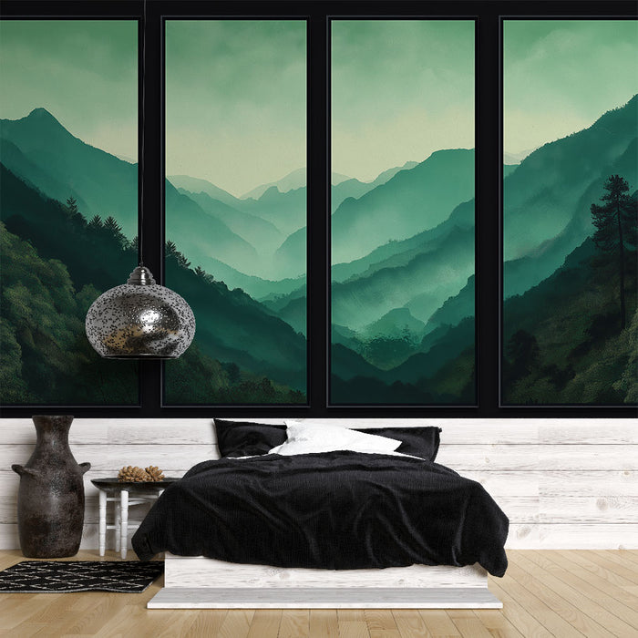 Une chambre moderne avec un papier peint représentant des montagnes en dégradé de verts, créant une atmosphère apaisante et naturelle.