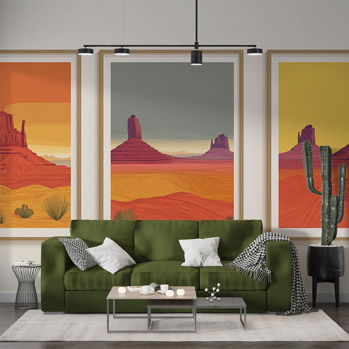 Un salon moderne avec un papier peint illustratif représentant des paysages désertiques aux teintes chaudes d'orange et de rouge, créant une atmosphère chaleureuse et accueillante.