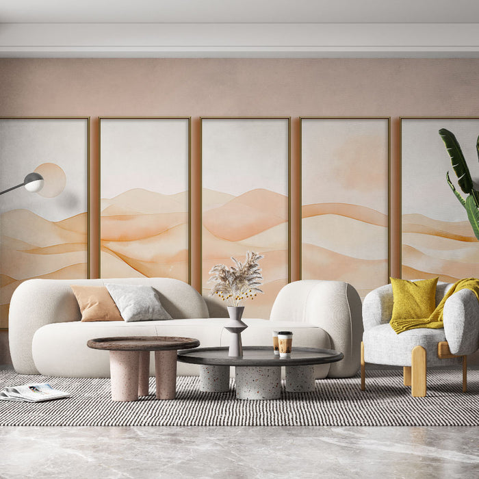 Un salon moderne avec un papier peint aux motifs ondulés dans des teintes douces de beige et d'orange, créant une atmosphère apaisante et chaleureuse.