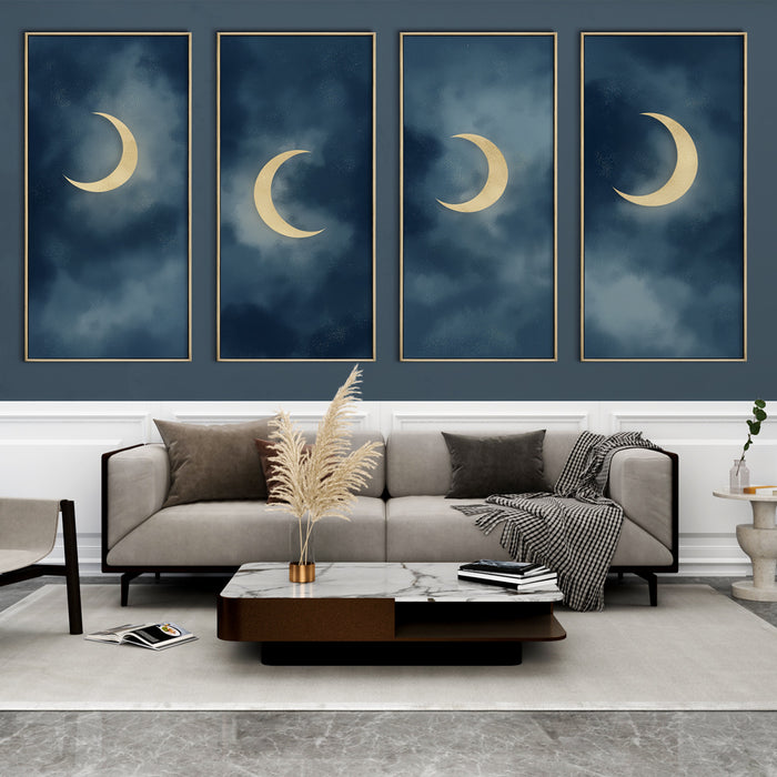 Un salon contemporain avec un papier peint bleu nuit illustrant des croissants de lune dorés, créant une atmosphère mystique et apaisante.