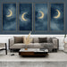 Un salon contemporain avec un papier peint bleu nuit illustrant des croissants de lune dorés, créant une atmosphère mystique et apaisante.