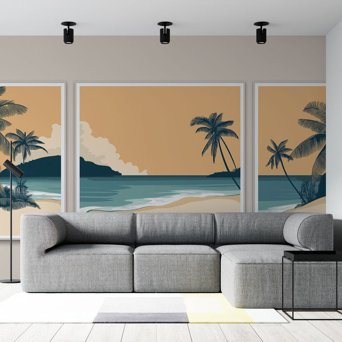 Papier peint tableau imitation plage | Paysage tropical avec palmiers et mer tranquille
