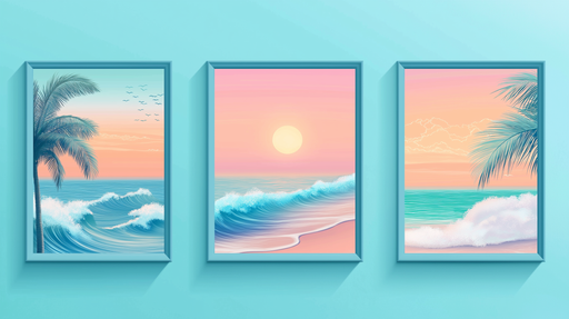 Papier peint tableau imitation plage Vues tropicales avec palmiers au coucher de soleil