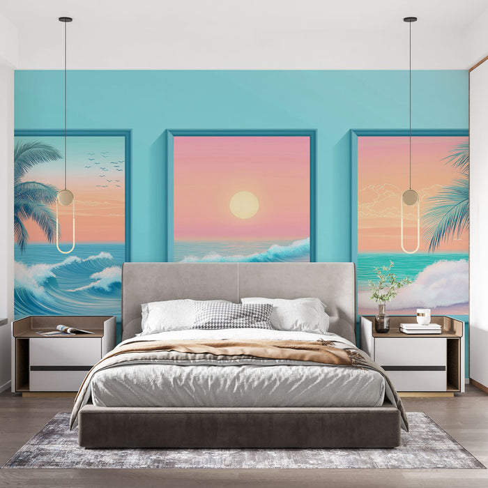 Papier peint tableau imitation plage | Vues tropicales avec palmiers au coucher de soleil