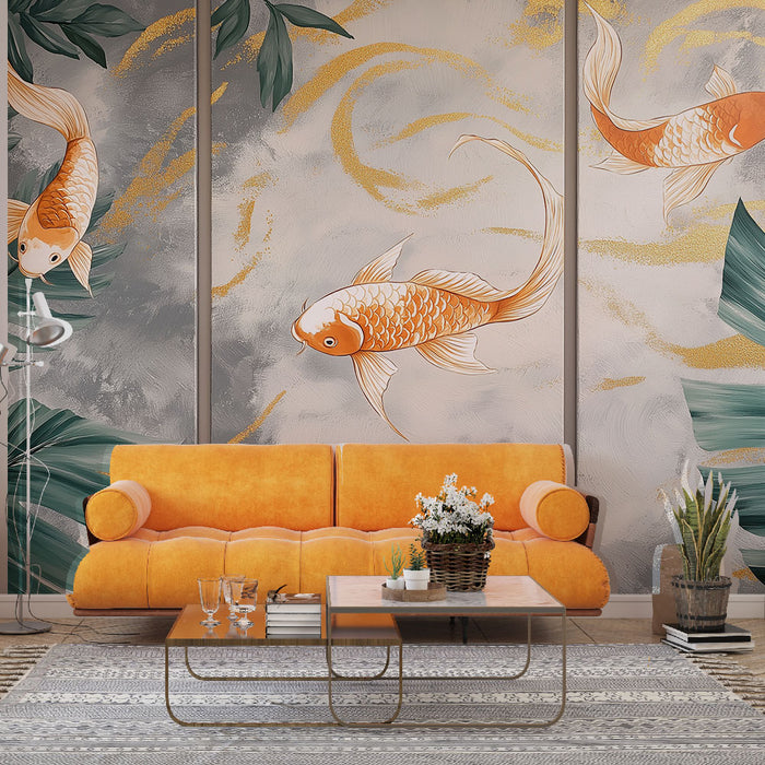 Un salon moderne avec un papier peint représentant des carpes koï aux teintes dorées et orangées sur un fond gris, créant une ambiance apaisante et artistique.