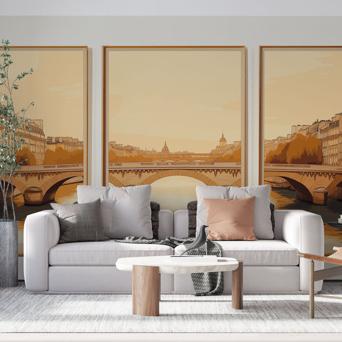 Un salon contemporain avec un papier peint illustrant un paysage urbain en tons chauds, évoquant une atmosphère apaisante et élégante.