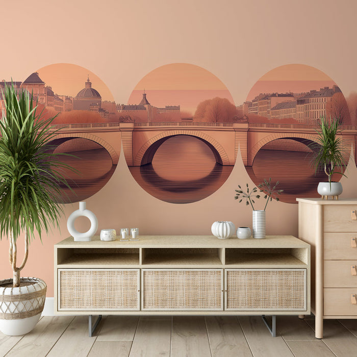 Une pièce moderne avec un papier peint représentant un paysage urbain stylisé dans des tons chauds, évoquant une atmosphère douce et accueillante.