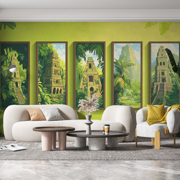 Un salon moderne avec un papier peint tropical vert vif illustrant des temples anciens entourés de végétation luxuriante, créant une atmosphère aventureuse et apaisante.