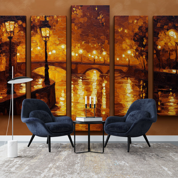 Une salle de séjour élégante avec un papier peint représentant un paysage urbain nocturne aux teintes chaudes orange et doré, évoquant une atmosphère romantique et chaleureuse.