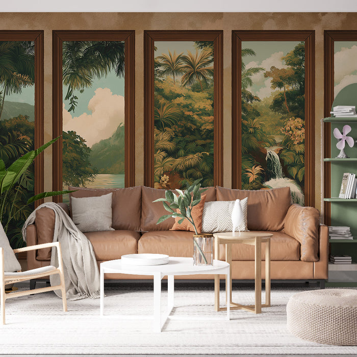 Un salon élégant avec un papier peint tropical représentant un paysage luxuriant et apaisant, évoquant la nature et la sérénité.
