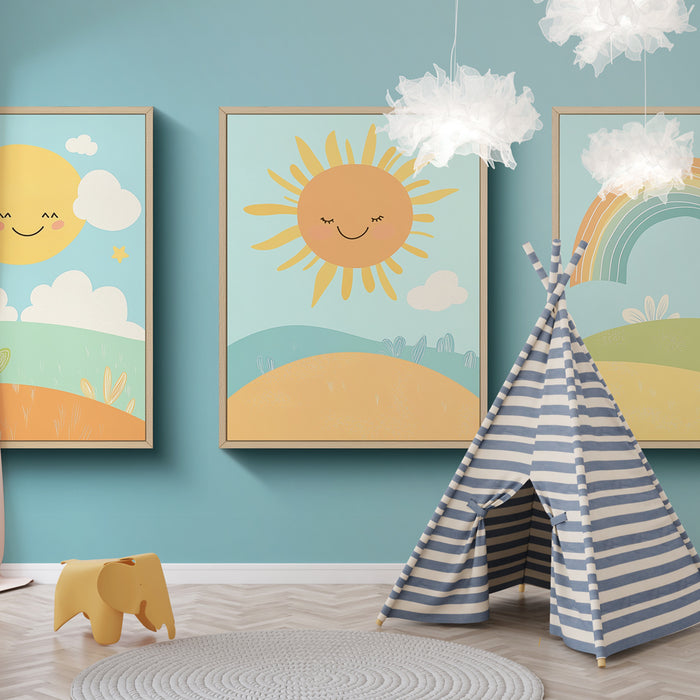 Une chambre d'enfant avec un papier peint bleu clair orné de motifs ludiques de soleils souriants et de nuages, créant une atmosphère joyeuse et accueillante.