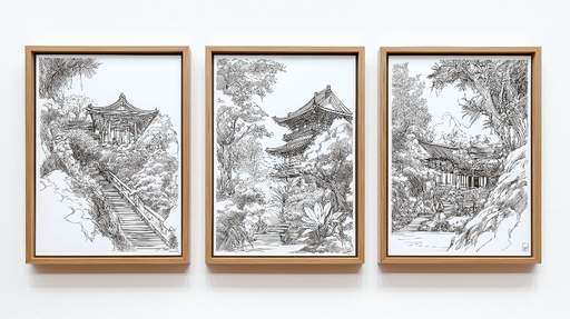 Papier peint tableau imitation Scènes paisibles de temples et de nature en filigrane