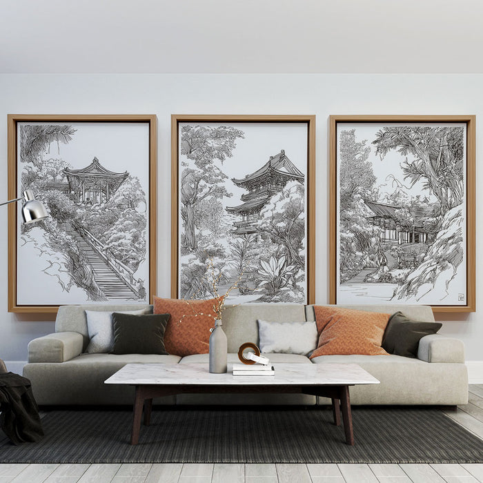 Un salon contemporain avec un papier peint illustratif en noir et blanc représentant des paysages asiatiques, créant une atmosphère zen et apaisante.