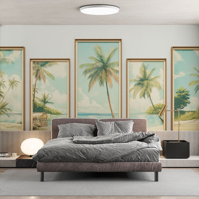 Une chambre moderne avec un papier peint tropical représentant des palmiers et des paysages marins dans des tons doux, créant une atmosphère apaisante et estivale.