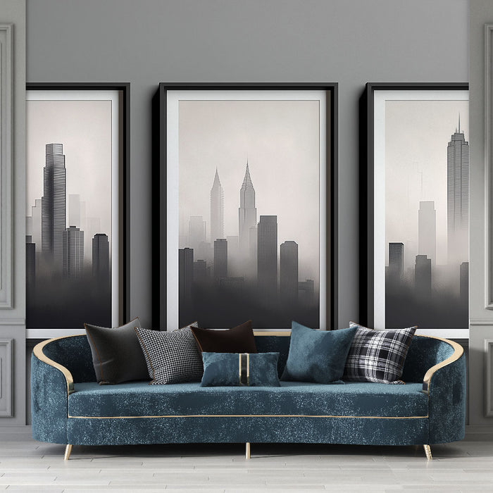 Un salon moderne avec un papier peint représentant une silhouette de ville en dégradé de gris, créant une ambiance urbaine et élégante.