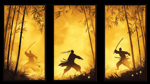 Papier peint tableau imitation Silhouettes de guerriers dans une forêt de bambous dorés