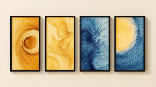 Papier peint tableau imitation Textures ondulées en camaïeu de bleu et jaune