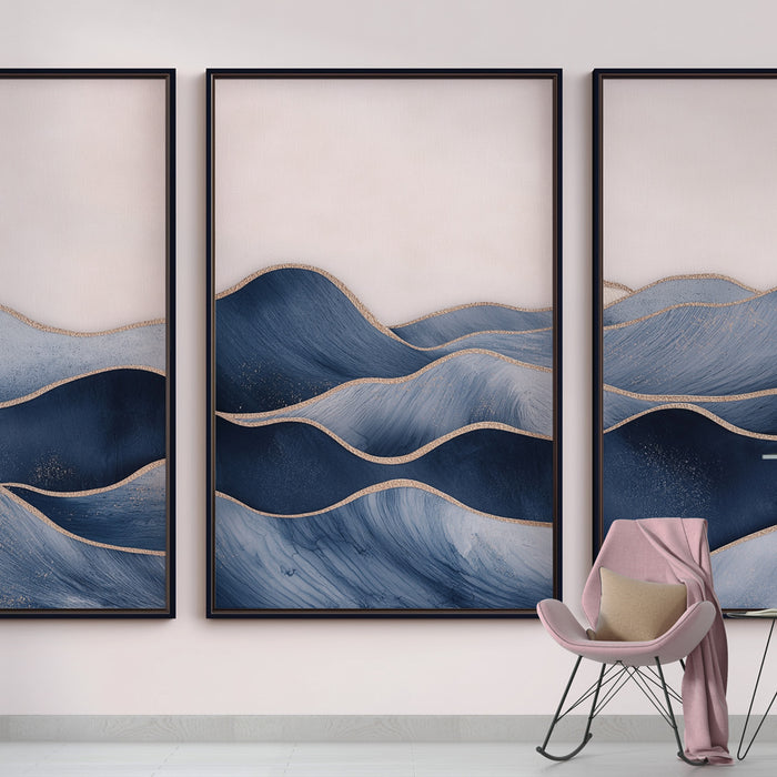 Papier peint tableau imitation vagues | Design apaisant de vagues bleues et dorées
