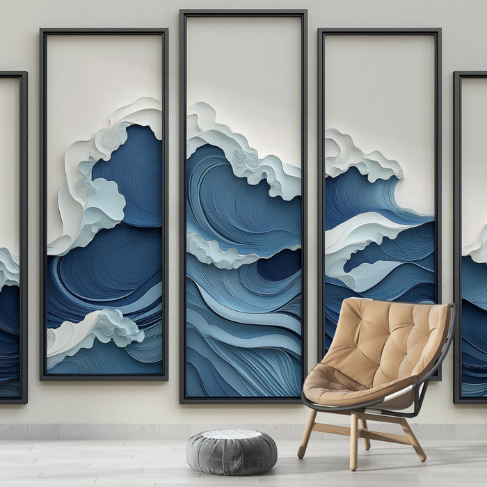 Papier peint tableau imitation vagues | Horizons marins en nuances de bleu