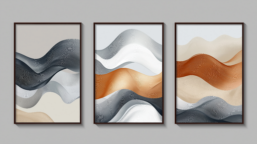 Papier peint tableau imitation vagues Motifs ondulés en bleu, beige et cuivre