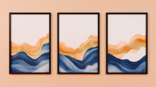 Papier peint tableau imitation Vagues stylisées en bleu et orange avec des touches dorées