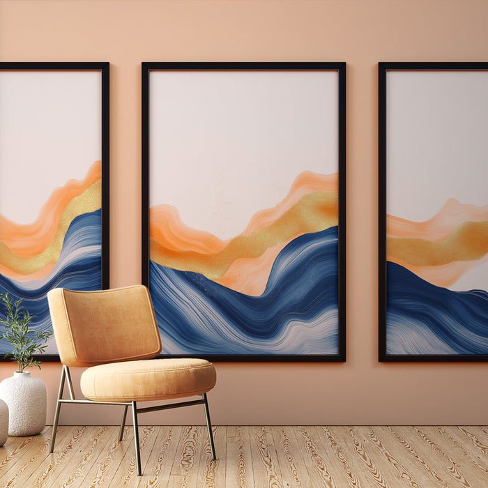 Papier peint tableau imitation | Vagues stylisées en bleu et orange avec des touches dorées