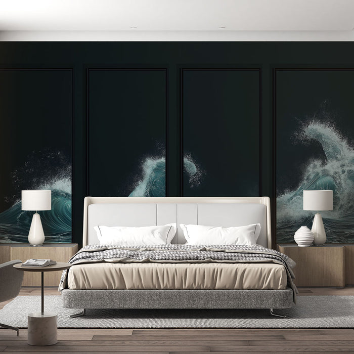 Papier peint tableau imitation vagues | Vagues tumultueuses en turquoise sur fond noir