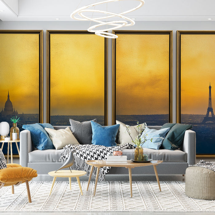 Un salon moderne avec un papier peint représentant une vue panoramique de Paris au coucher de soleil, dégageant une atmosphère chaleureuse et romantique.