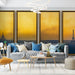 Un salon moderne avec un papier peint représentant une vue panoramique de Paris au coucher de soleil, dégageant une atmosphère chaleureuse et romantique.